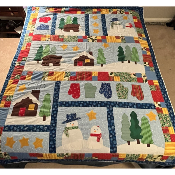 Handmade Winter Christmas Patchwork Appliqué Quilt Twin Snowmen Cabins Bears Fun - Picture 2 of 12